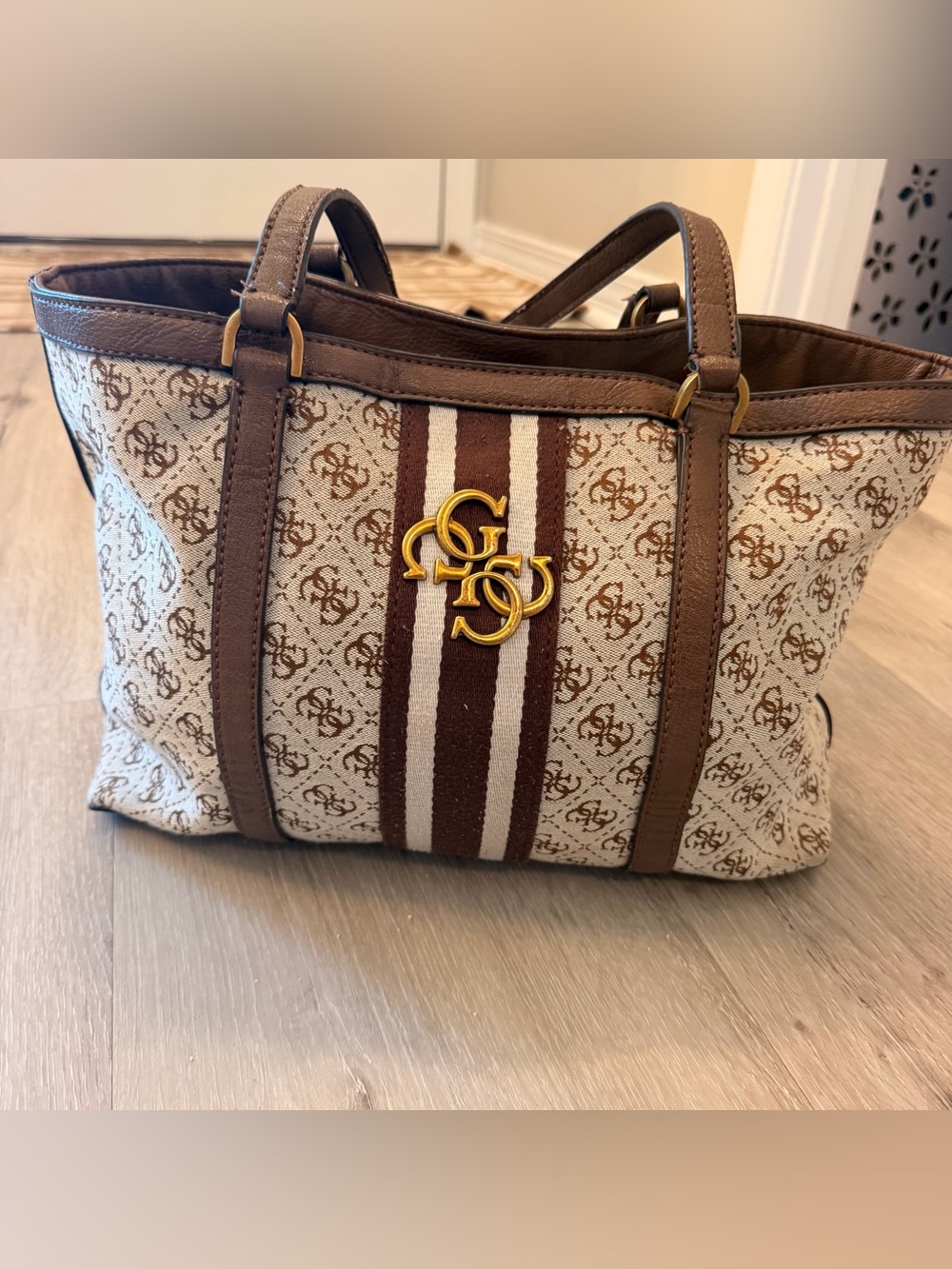 Guess Vintage Monogram Tote Bag - Brown Canvas